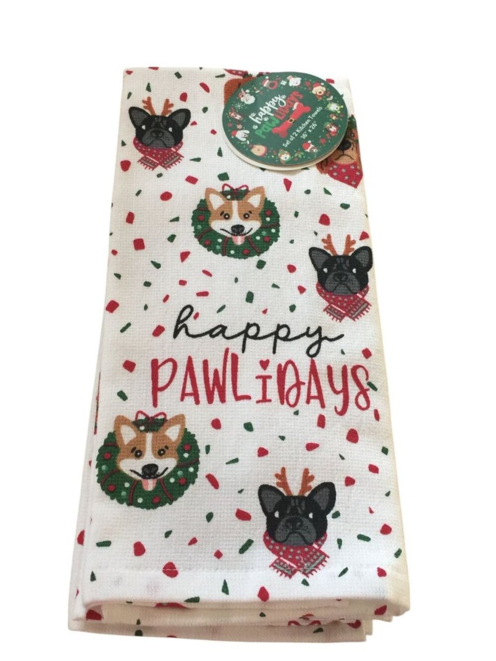 happy pawlidays Dog Themed Holiday Kitchen Towels Set of 2 Wreaths Antlers